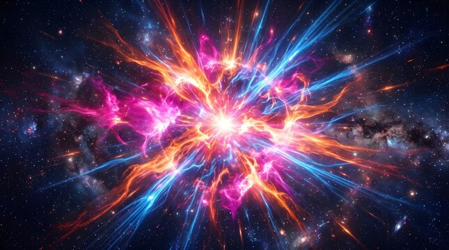 Radiant cosmic supernova explosion erupting with intense vibrant orange pink and electric blue streams across a dark deep stellar universe