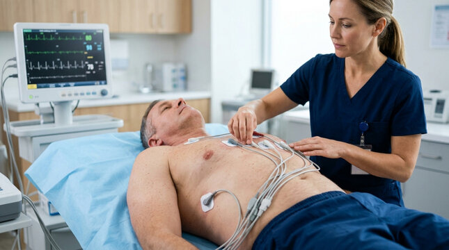 Doctor attaches ECG electrodes to patient for heart monitoring, medical checkup