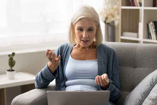 Older age woman retiree speak by video call chat with friend using laptop web camera sitting on cozy couch. Focused senior lady communicate on distance hold virtual conversation via web conference app