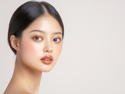 Beautiful young woman with flawless skin and subtle makeup, looking towards the camera