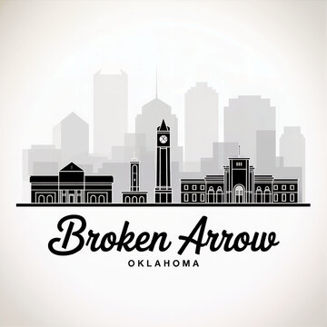 Broken Arrow Oklahoma City Skyline Silhouette Architecture Illustration with Clock Tower