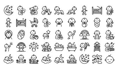 Cute Baby Thin Line Icon Set with Moon Star Teddy Bear Puppy and Nursery Vector Illustrations