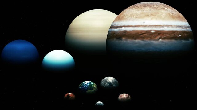 Colorful planets floating in dark space, showing different sizes and textures in a solar system style scene.