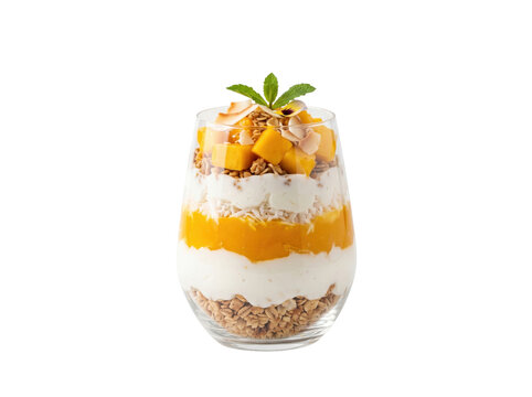 Mango coconut parfait in glass. Tropical fruit yogurt dessert with granola isolated.