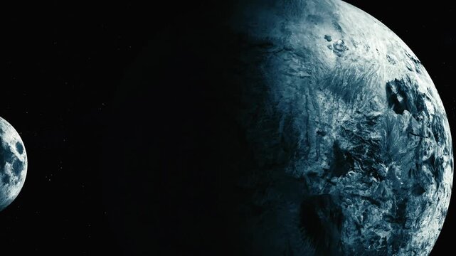 Large icy planet in deep space with a smaller moon at the edge against a dark starry background.