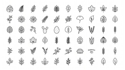Obraz premium Set of 60 Minimalist Leaf and Plant Line Icons - Botanical Vector Illustrations for Nature Design Projects, Logos, and Web Graphics