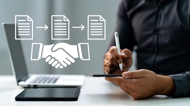 Procurement process management, Digital and paper document approval, contract verification, supplier negotiation, and business purchasing operations using laptop and paper in office environment