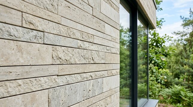 Modern Building Facade with Natural Stone Cladding and Large Window.