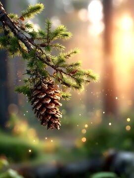 Close-up of pine cone and pine branch with green needles on blurred forest background in warm sunlight