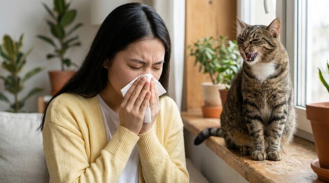 Woman sneezing into tissue with cat nearby, allergy symptoms.