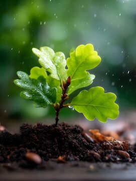 Close-up of a small green oak seedling growing in moist soil with rain droplets falling, symbolizing growth and new beginnings in nature