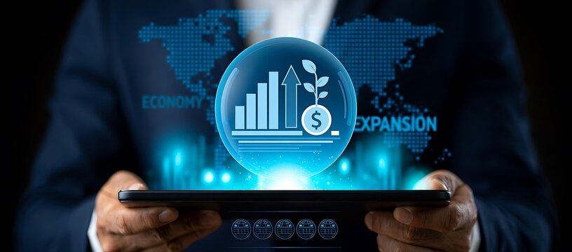 Businessman using the tab and analyzing economic growth data, financial trends, market expansion, GDP analysis, business development