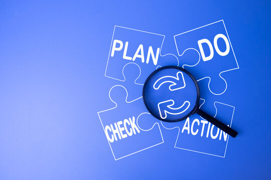 PDCA cycle and continuous improvement concept. Magnifying glass focusing on digital puzzle pieces with Plan, Do, Check, Action text and refresh arrows on a blue background.