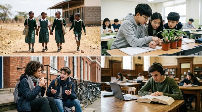Diverse Group of Students in Classroom, Library, and Outdoor Settings