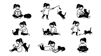 Obraz premium Girl and cat set with playful interaction featuring child, kitten, joyful moment with outdoor sunlight and cozy home setting