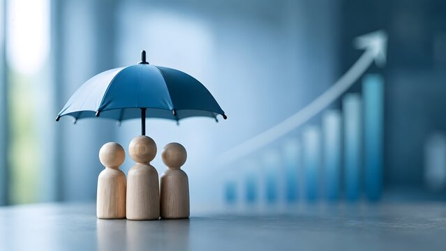 Wooden figures under a blue umbrella with upward growth chart symbolizing family life and financial protection
