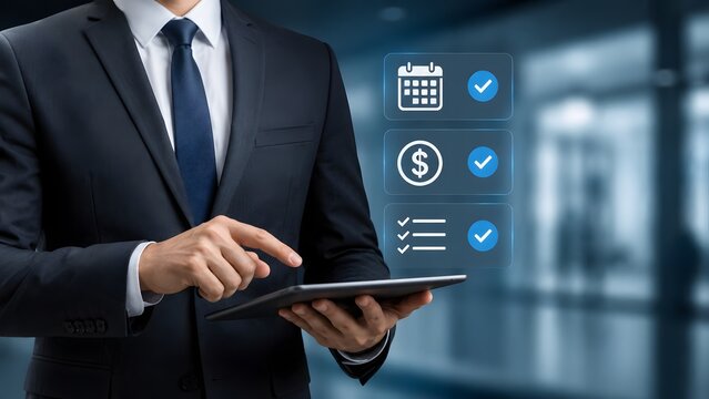 Businessman using tablet with holographic icons of calendar dollar and checklist for digital financial planning strategy