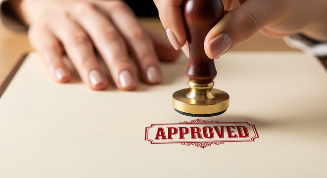 Businesswoman hands stamping an approved seal on a legal paper perfect for a verified corporate validation concept