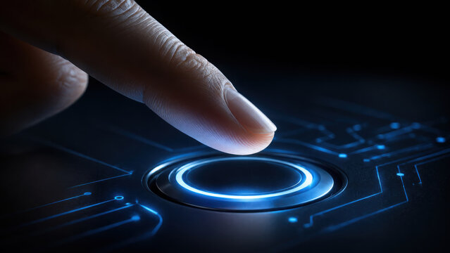 Finger biometric scan with blue glowing circuit interface, futuristic technology concept showing security and access control