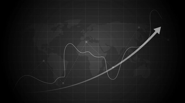 Abstract world map background with grid rising line graph and upward arrow showing global business growth and financial progress animation