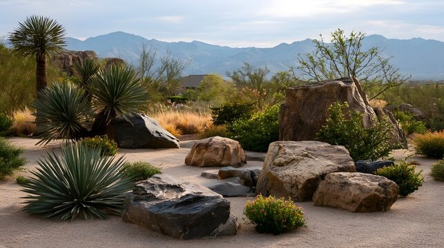 A serene desert rock garden featuring native succulents and cacti under a clear sky with distant mountain ranges