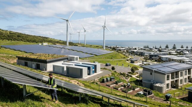 Sustainable Energy Community with Solar Panels Wind Turbines and Eco-Friendly Residential Homes