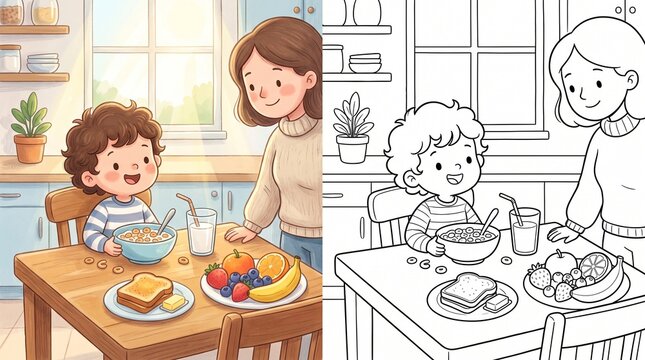 Mother and child eating breakfast together coloring book page with line art