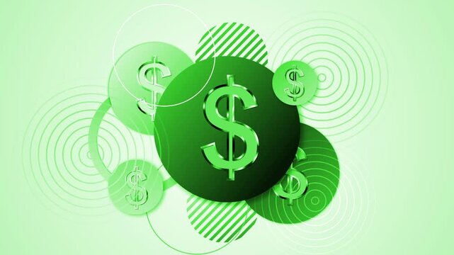 Abstract finance concept with dollar signs on overlapping circles and geometric rings animation