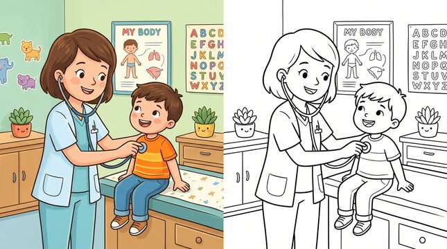 Doctor examining child with stethoscope coloring page and reference, stethoscope