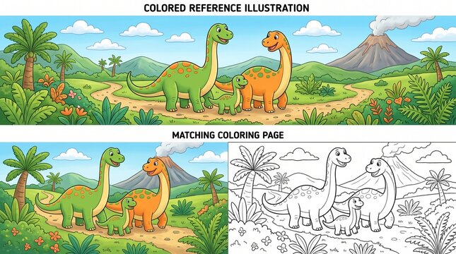 Dinosaur prehistoric landscape coloring page and colored reference sheet