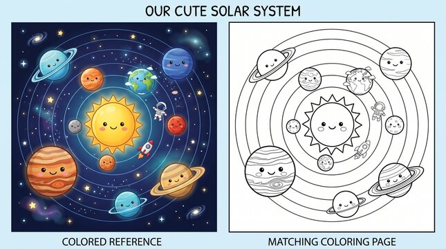 Cute cartoon solar system educational illustration with matching coloring page