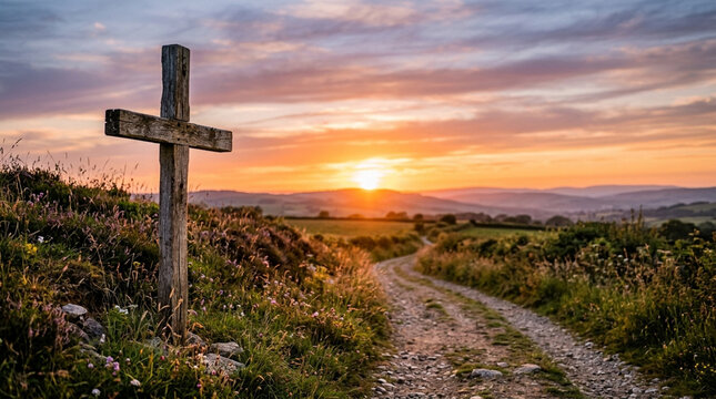 Wooden cross on path at sunset, rural landscape, hope and faith symbol