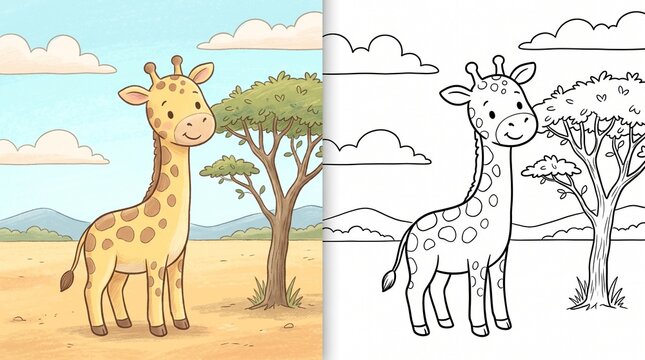 Cute cartoon giraffe in african savanna coloring page activity with coloring