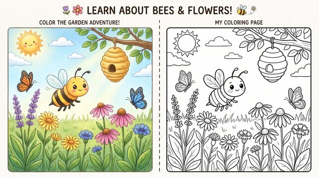 Bee and flowers garden coloring page activity sheet for kids with coloring