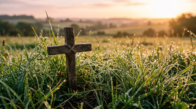 Rustic wooden cross in a dew-kissed field at sunrise, serene Christian symbol