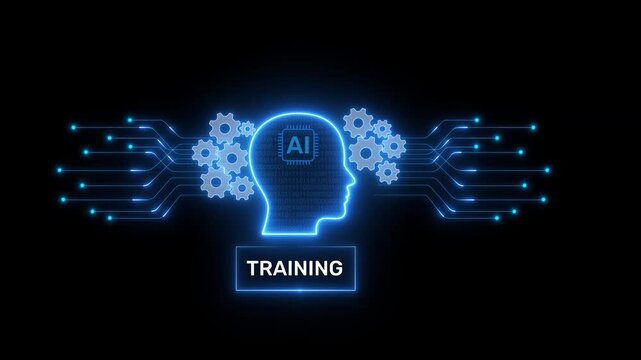 Training Program Concept with AI Head Symbol, Intelligent Learning Circuits, Mechanical Gear Elements and Neon Technology Background in Dark Scene