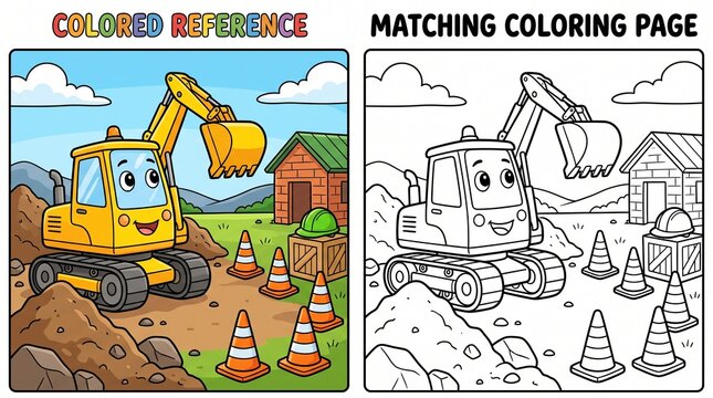 Cartoon excavator construction site coloring page activity for kids
