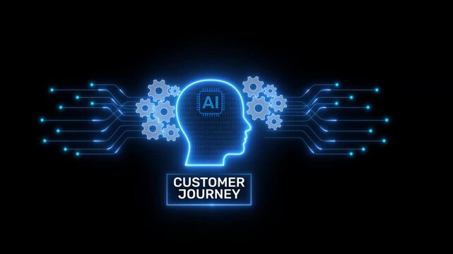 Customer Journey Visualization with AI Human Profile, Connected Experience Icons, Digital Circuit Flow and Futuristic Dark Technology Background