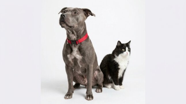 A Pitbull dog and a black and white cat sitting together.