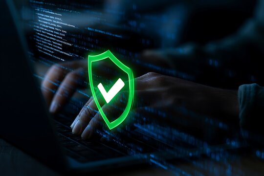 Cybersecurity protection concept with secure shield icon over laptop and source code. Data security, encryption, privacy protection and network defense for safe digital technology and IT systems.