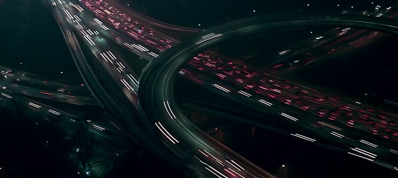 Expressway top view, Road traffic an important infrastructure, car traffic transportation above intersection road in city night, aerial view cityscape of advanced innovation, financial technology