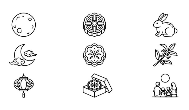 Mid Autumn Chinese moon festival minimalist line art icons with lantern rabbit mooncake and flowers