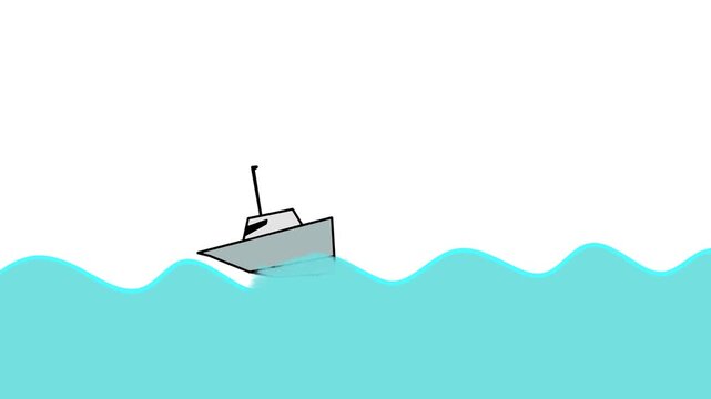 A small boat rocks on the waves, successfully overcoming a larger storm wave or tsunami.