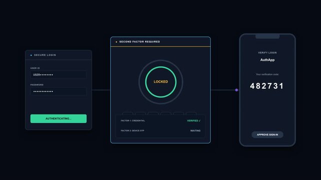 Two factor authentication animation showing login verification, security code confirmation, and secure access approval through a secondary device. 