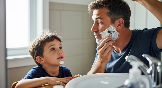 Curious little boy watching his father shaving beard with foam in the bathroom perfect for a learning and parenting concept