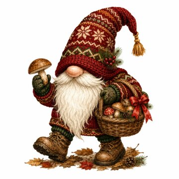 A festive gnome with a long white beard, wearing a red knitted hat and sweater, holding a mushroom and a basket filled with mushrooms and autumn leaves.