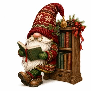 A cozy gnome in a red knitted hat and sweater reads a book while leaning against a decorated wooden bookshelf.