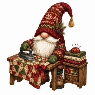 A gnome dressed in festive attire irons a quilt on a wooden table, surrounded by sewing supplies and stacked fabric, evoking a cozy holiday crafting scene.