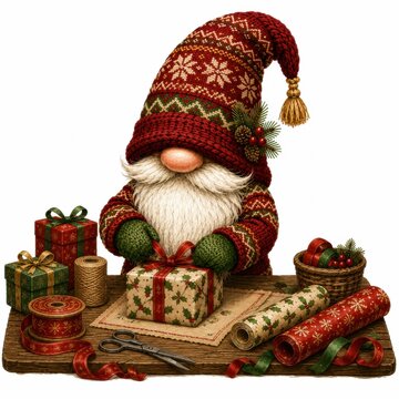 A cozy Christmas gnome with a red knit hat wraps presents amid festive wrapping paper, ribbons, and holiday decorations on a wooden table.