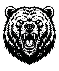 Aggressive grizzly bear head mascot illustration in black and white vector style for sports team logo